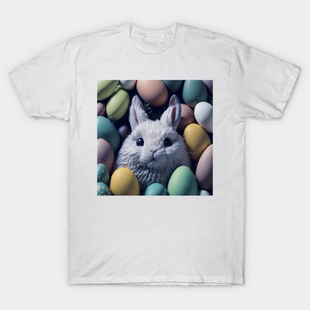 white bunny surrounded by colorful eggs sticker T-Shirt by FRH Design